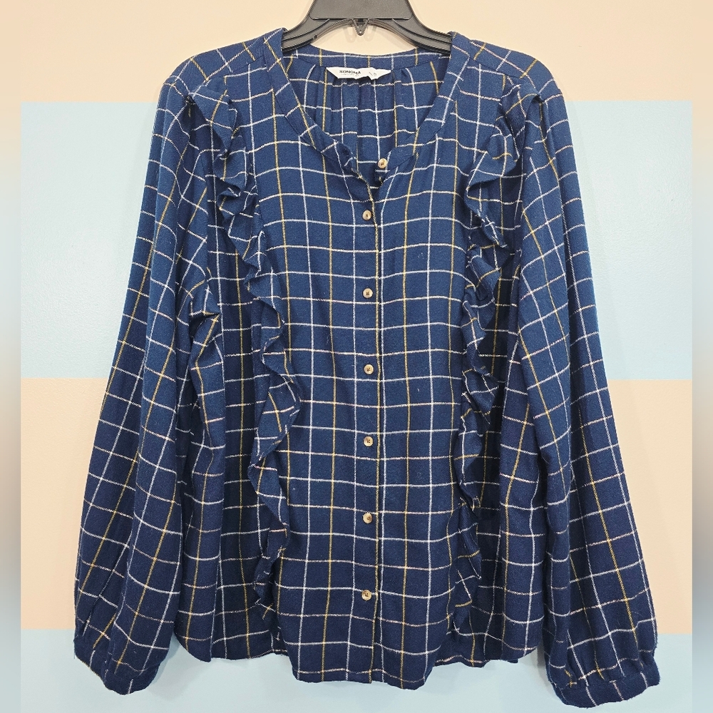 Sonoma Blue Checkered Ruffle Button-Down Shirt - Picture 2 of 8